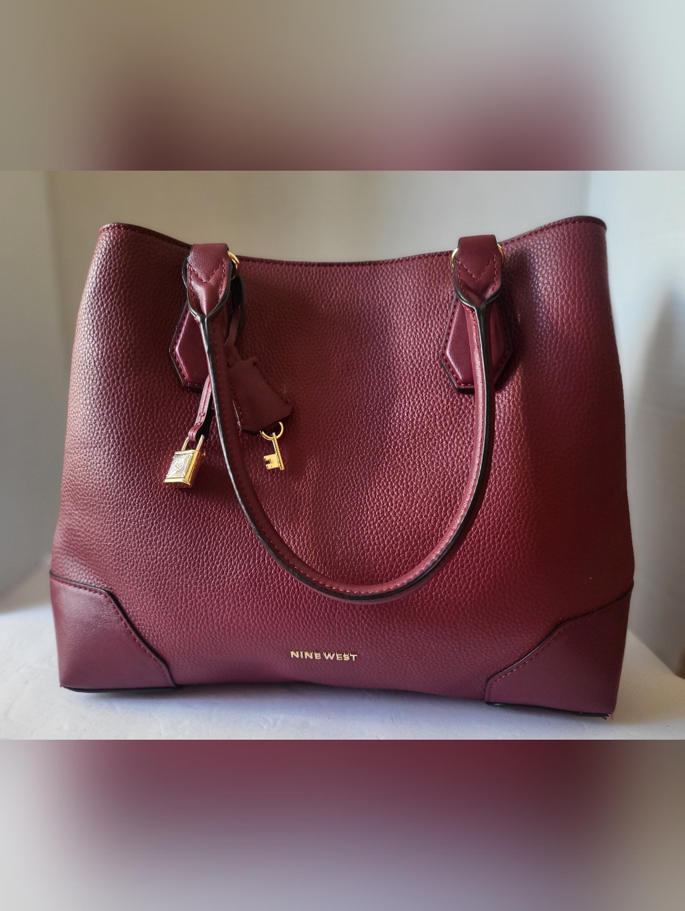 Nine West Wine Pebbled Satchel with Gold Hardware